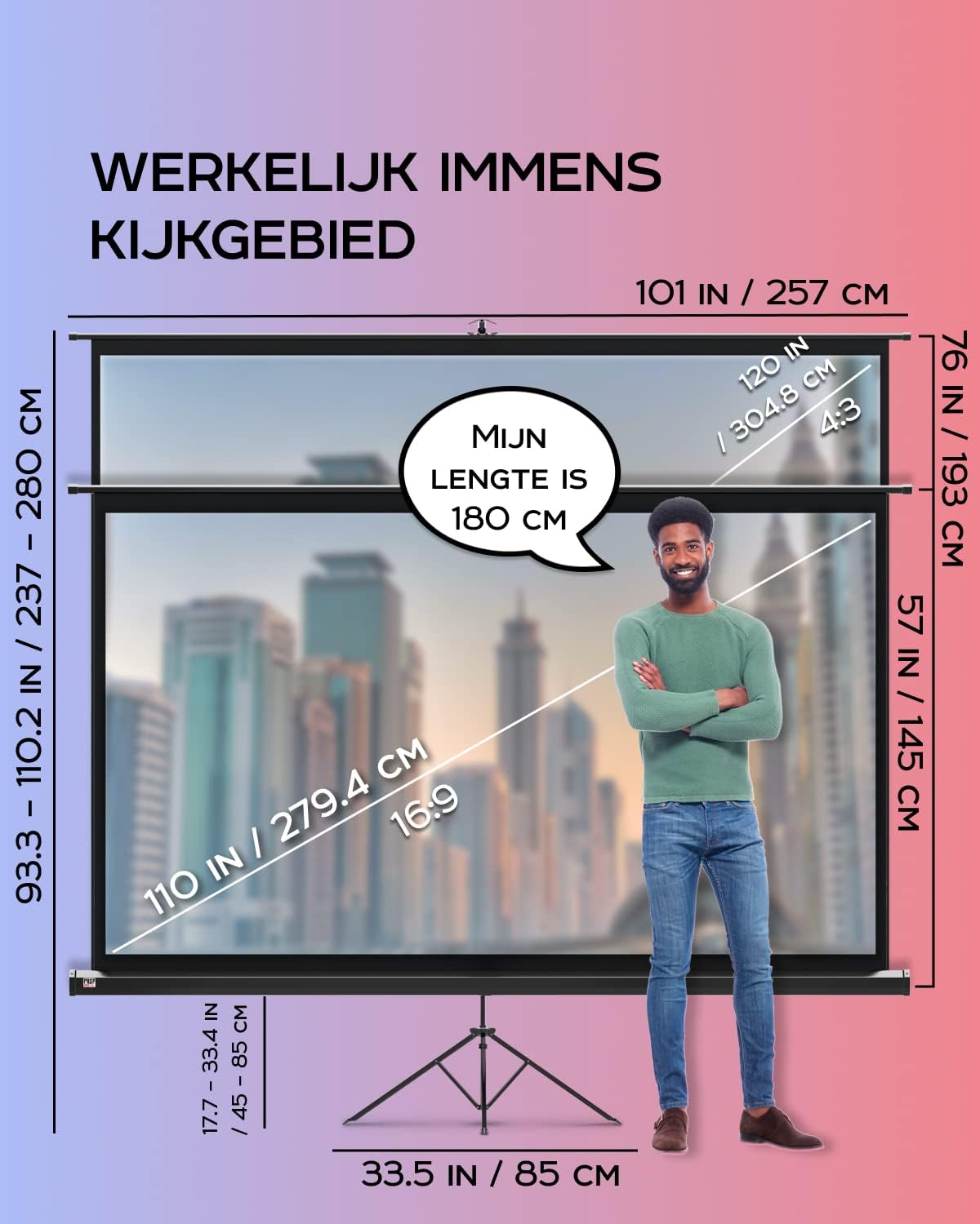 PropVue Projectiescherm met standaard, 100-120 inch (ca. 254-305 cm) projectiescherm voor binnen en buiten, voor film- of kantoorpresentatie, instelbaar van 16:9 tot 4:3, HD-premium kreukvrij statiefscherm