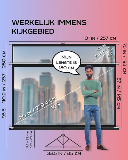 PropVue Projectiescherm met standaard, 100-120 inch (ca. 254-305 cm) projectiescherm voor binnen en buiten, voor film- of kantoorpresentatie, instelbaar van 16:9 tot 4:3, HD-premium kreukvrij statiefscherm