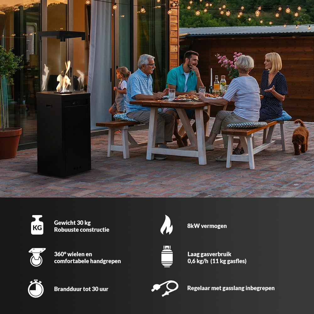 KRATKI Patio Light Moderne Gas Tuinkachel op Wielen - 8,2 kW - Stijlvolle Decoratieve Verlichting voor Tuin, Balkon, Terras - Werkt op G30/30mbar Gasfles - Veilig - Staal en Glas - Zwart