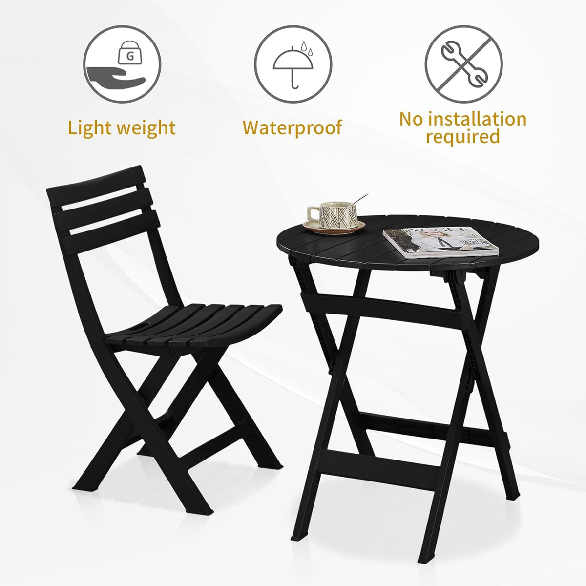 Opvouwbare bistroset, opvouwbare outdoor cafétafel en stoelen voor 2 kleine meubels, 3-delige veranda, achtertuin, balkon, tuin, terras, zwart