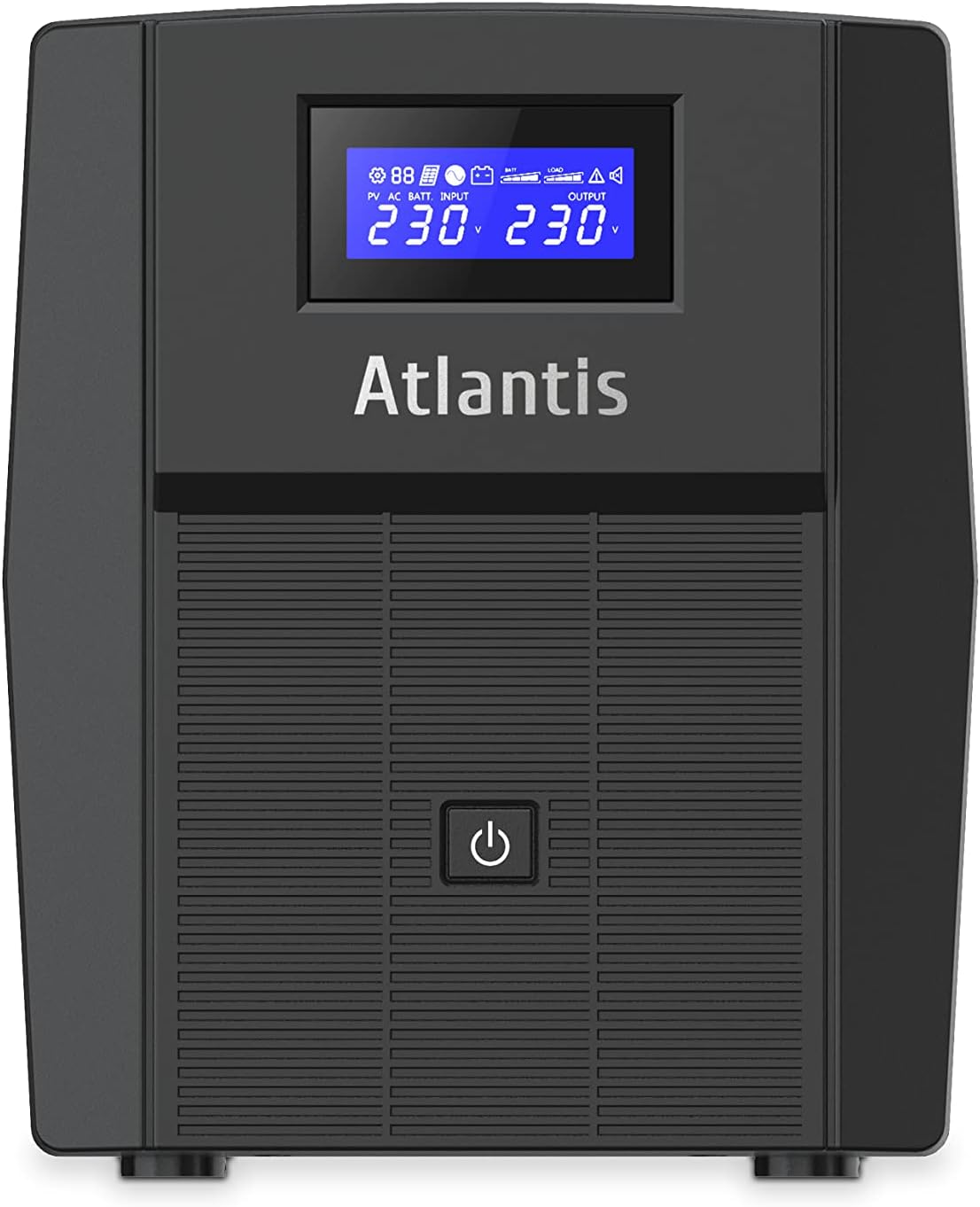 Atlantis A03-HP2003 Ononderbroken sinusgolf 1500 VA 900 W Line Interactive, LCD-display, USB-HID-aansluiting, 3 IEC-uitgangen + 2 geaarde stopcontacten + Alim-kabel, 2 accu's 12 V-9 Ah, bescherming