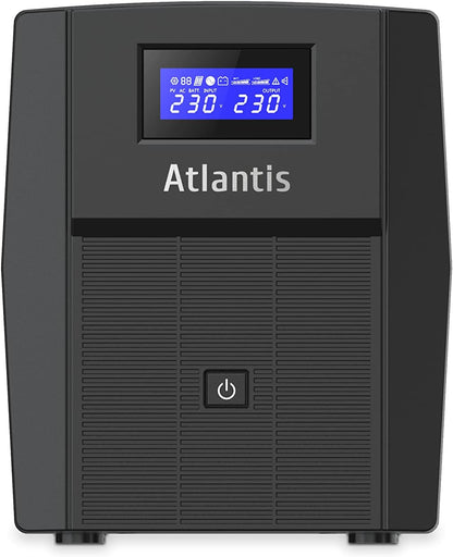 Atlantis A03-HP2003 Ononderbroken sinusgolf 1500 VA 900 W Line Interactive, LCD-display, USB-HID-aansluiting, 3 IEC-uitgangen + 2 geaarde stopcontacten + Alim-kabel, 2 accu's 12 V-9 Ah, bescherming