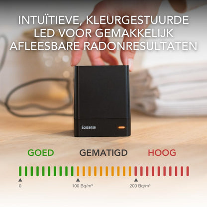 Ecosense EQ100 EcoQube, digitale radondetector, snelle detectie van schommelende niveaus, korte- en langetermijnmonitoring met trendgrafieken, externe gegevens toegang, Wi-Fi 2,4 GHz alleen netwerken