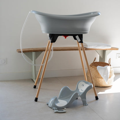 THERMOBABY - VASCO 5-in-1 babybad – badkuip, houten voet, afvoerslang, badstoel, thermometer – charmegrijs – opvouwbaar en stabiel – gemaakt in Frankrijk