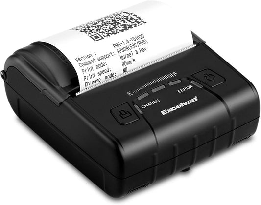 EXCELVAN E300 Thermische printer voor kwitanties en bankbiljetten, draadloos, draagbaar, USB, 90 mm/sec, 80 mm, ESC/POS, voor Pos Terminal verkooppunt), zwart