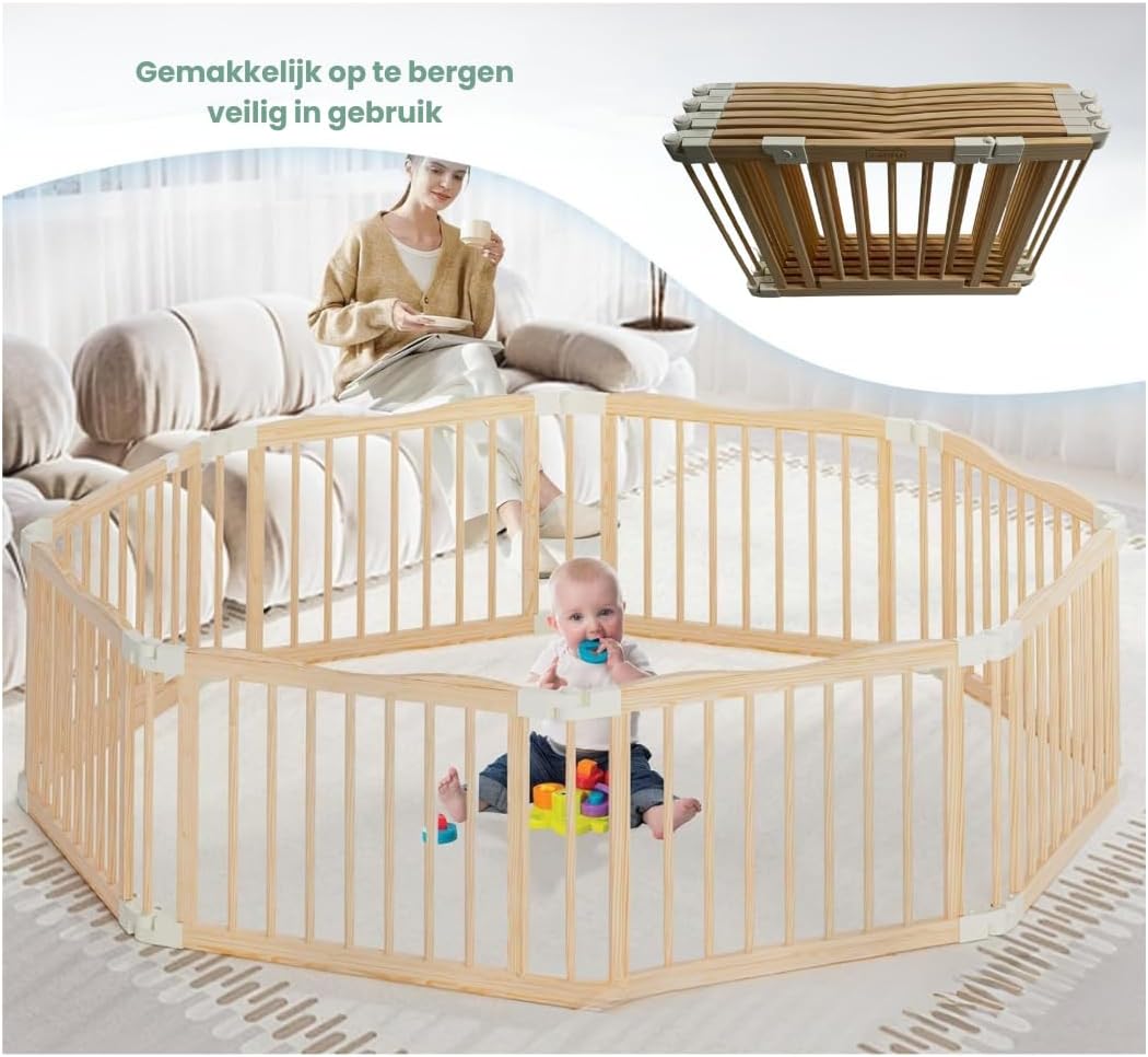 Kaëru Wooden Play Box – 172×172×61 cm – Foldable Baby Run – New Zealand Pine Wood – White Click System – Safe, Stable & Spacious Play Fence – For Babies, Toddlers & Pets - QUORE