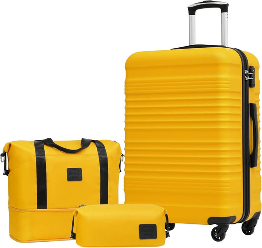 COOLIFE Kofferset, trolley, koffer, ABS, harde schaal, reiskoffer, 4 wielen, TSA-slot, intrekbare trolley, de koffer bevat 1 reistas en 1 toilettas, geel/zwart, Mittlerer Koffer-Set 3tlg, Harde