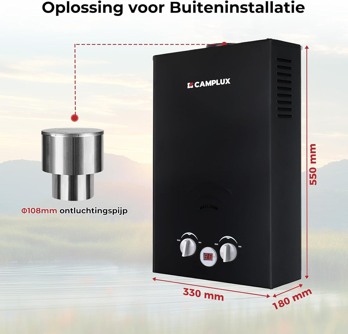 CAMPLUX BW264BC-DE Tankless Gas Boiler 10 Liter, LPG (50 mbar), 20 kW, voor Camping, RV, Wassen Paarden