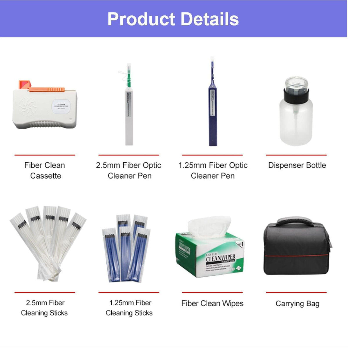 Fiber Optic Cleaning Kit Fiber Optic FTTH Cleaner Tools with 1.25mm / 2.5mm One Click Cleaner Pens and Cleaning Sticks Wipes for Cleaning FC SC ST LC MU Connectors
