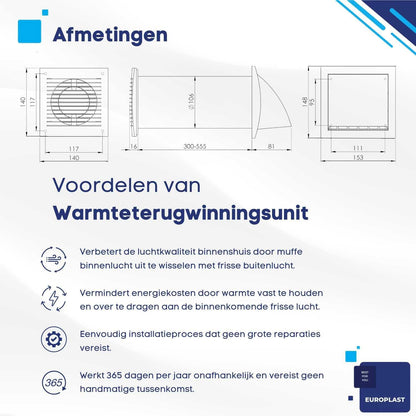 Gedecentraliseerde Ventilatie Met Warmteterugwinning – WTW-Unit – Decentrale Ventilatie – Warmteterugwinningsventilator – Muurventilator – Antraciet – Ø100 Mm – Keramische Kern – Wandschakelaar Inbegrepen