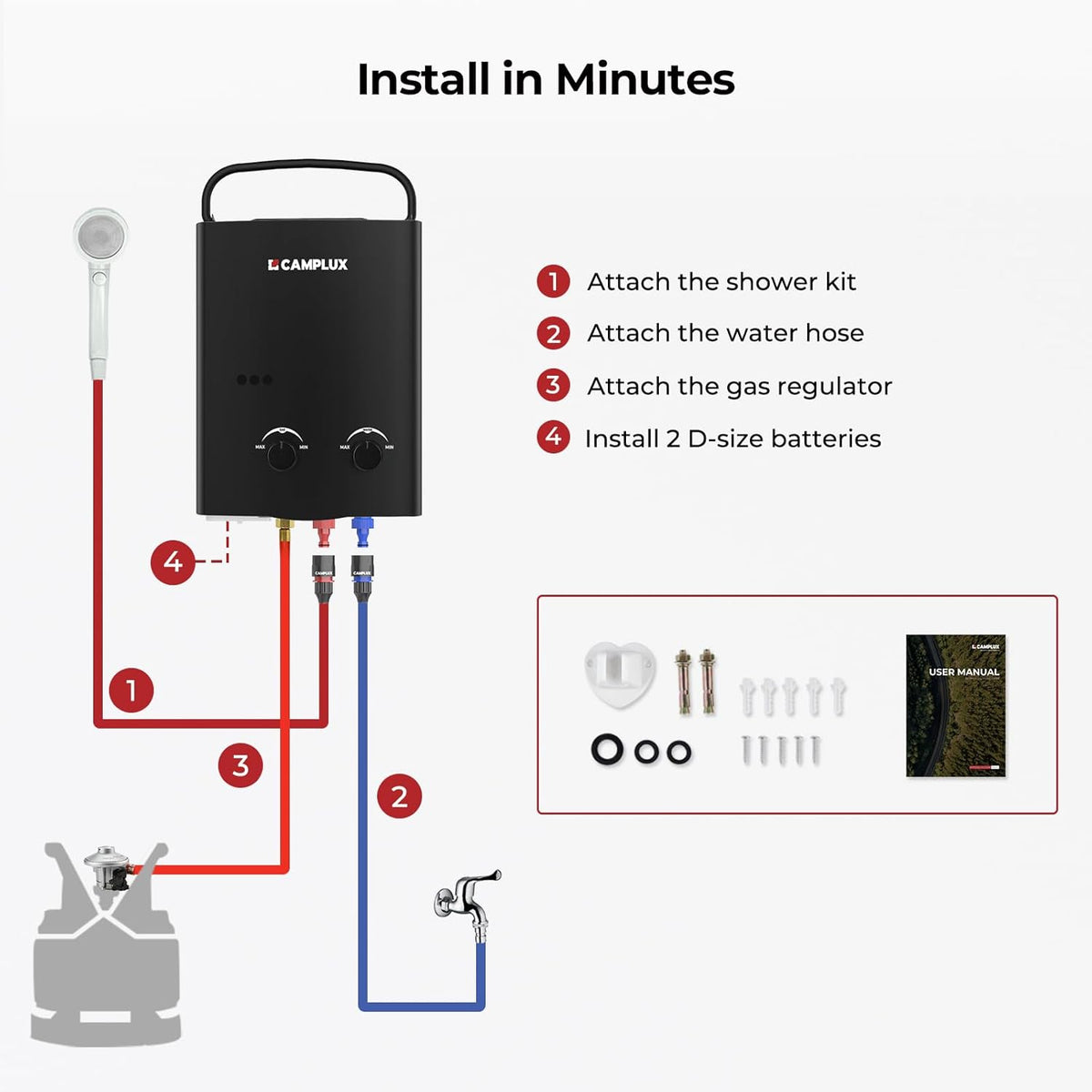 CAMPLUX AY132B 5 L/min Gas Boiler met Verstelbare Handgreep voor Buitendouche/Campers, Butaan (28-30mbar)/ Propaan (37 mbar)