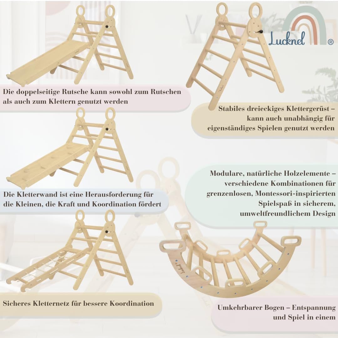 5-in-1 Montessori klimrek binnenshuis set – Pikler driehoek, klimboog, klimnet en indoor glijbaan met dubbelzijdige helling – binnenspeelplaats vanaf 1 jaar, onbehandeld hout