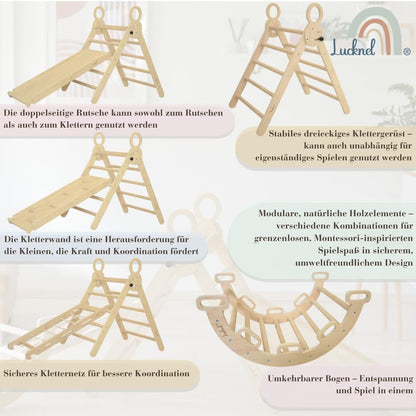 5-in-1 Montessori klimrek binnenshuis set – Pikler driehoek, klimboog, klimnet en indoor glijbaan met dubbelzijdige helling – binnenspeelplaats vanaf 1 jaar, onbehandeld hout
