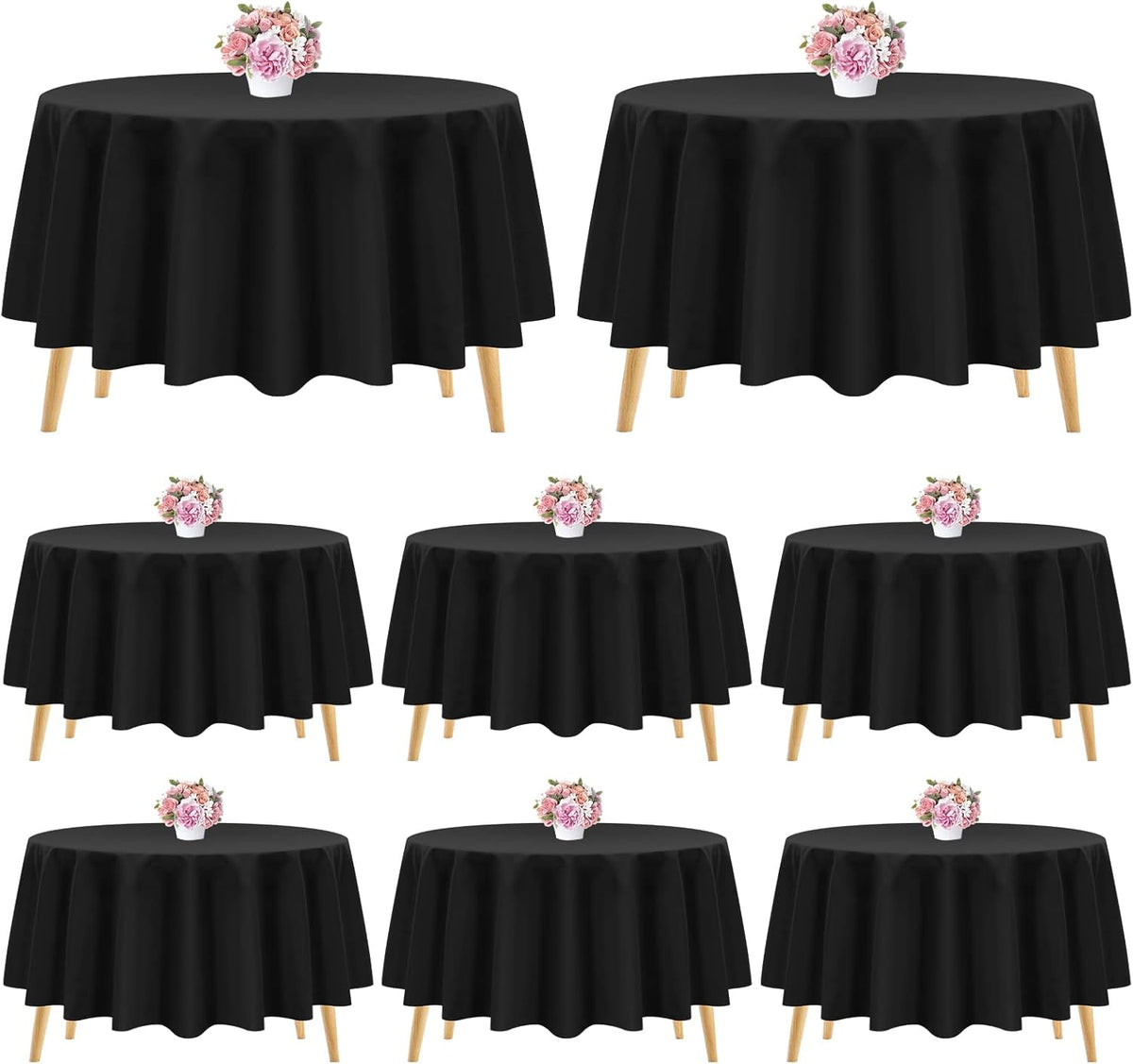 8 PCS Black Round Table Doek 305 cm/120 inch, zwart polyester wasbare polyester tafelbedekking voor bruiloftsfeestverjaardagsbanket