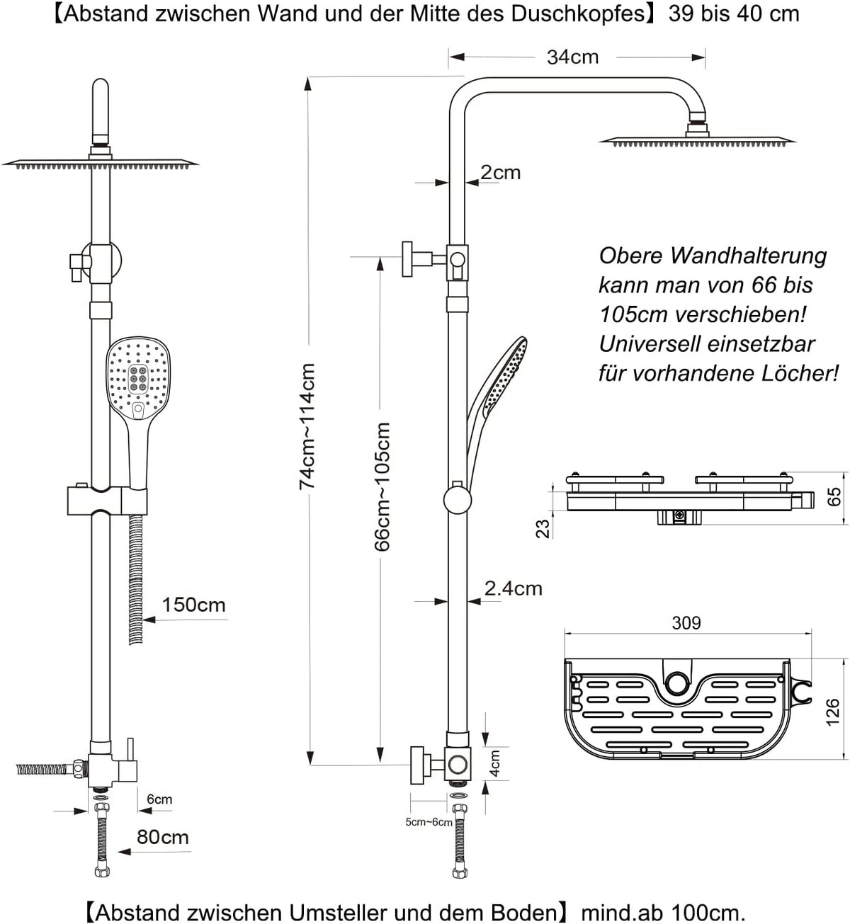 Douchesysteem – Doucheset – Regendouche – Douchezuil – Douchestang – Mat Zwart – Verstelbare Hoogte 74-114 cm – XXL Doucheplank Inclusief