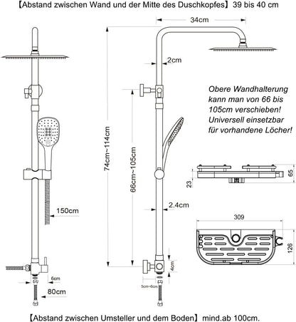 Douchesysteem – Doucheset – Regendouche – Douchezuil – Douchestang – Mat Zwart – Verstelbare Hoogte 74-114 cm – XXL Doucheplank Inclusief