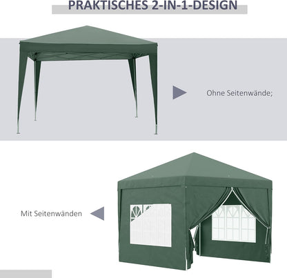 Outsunny Folding Pavilion approx 3 x 3 m - Pavilion with 4 side walls, windows, marquee with UV protection, gazebo including carry bag - for garden, terrace, steel Oxford, green - QUORE