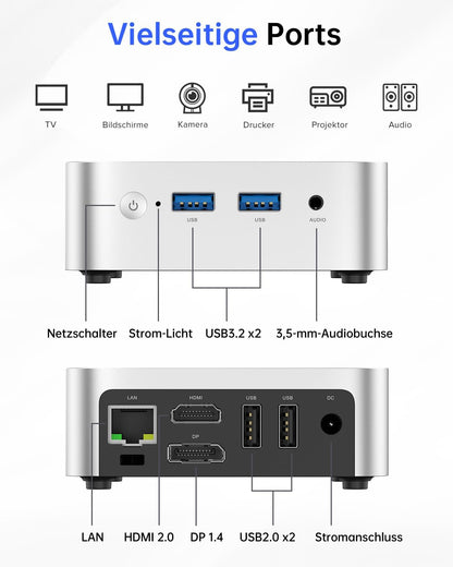 ACEMAGICIAN T8Plus Mini-PC, 12e Generatie Alder Lake N100 (Tot 3,40 GHz), 12 GB LPDDR5 256 GB M.2 SSD Met W11 Pro | Dual RJ45 | 4K HDMI * 3 | WiFi 5 Voor Thuis/Kantoor/School
