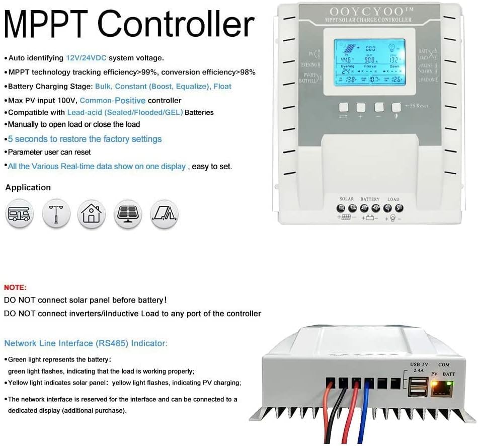 60A Solar Charge Controller MPPT Solar Charge Controller 12V 24V DC 100V Automatische Identificatie, 99% laadefficiëntie Solar Controller voor lithium / GEL / Flooded batterij