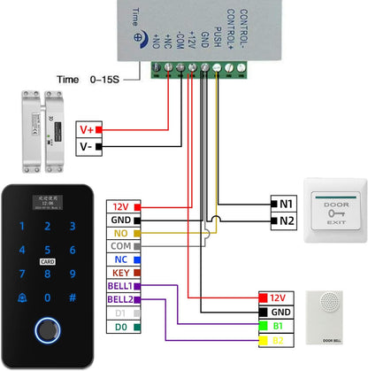 YAVIS Tuya WiFi Kit met Scherm Waterdichte Vingerafdruk Access Controller Touch Screen RFID Toetsenbord Reader 125KHz/13,56MHz, NC Bolt Lock, Voeding, Deurbel