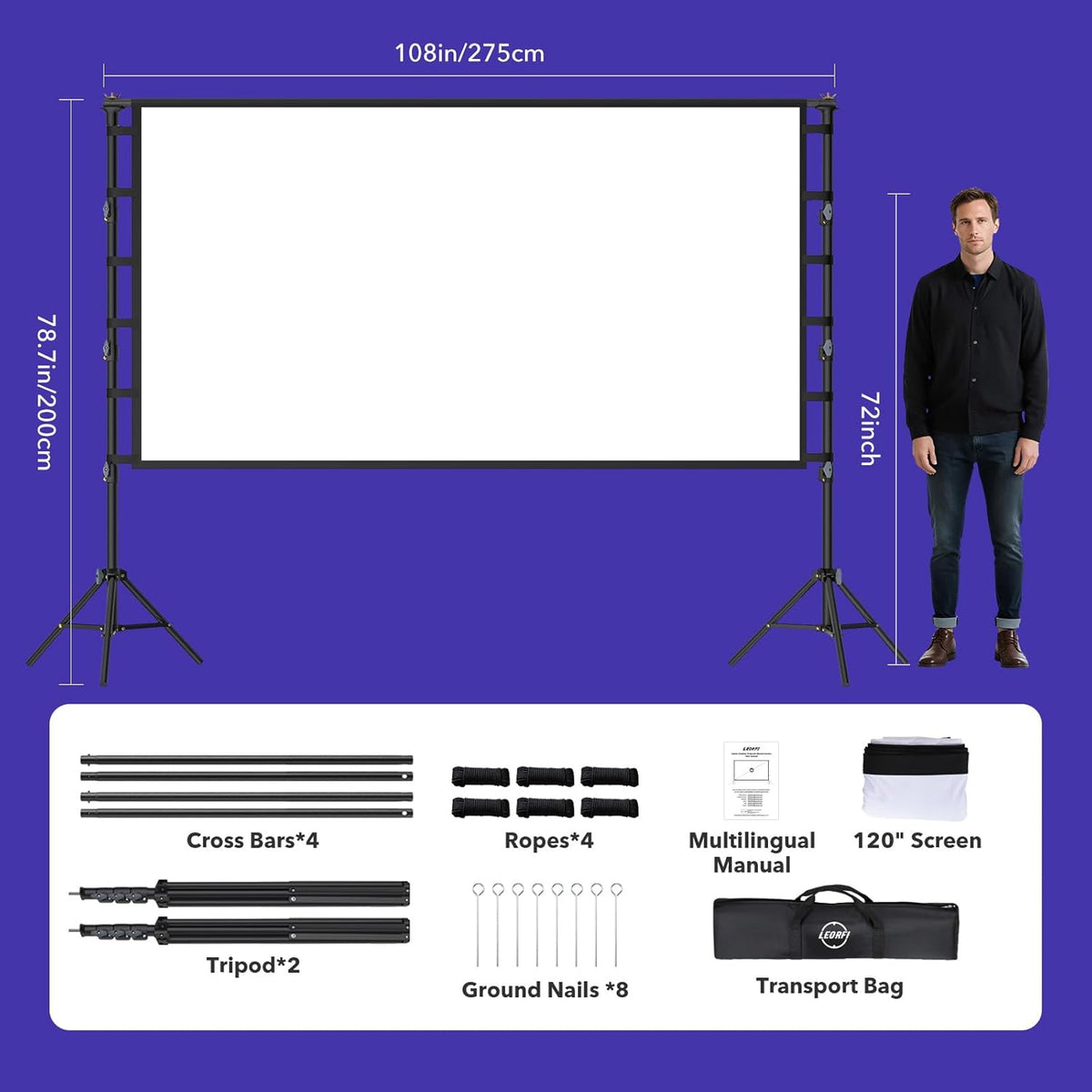 Draagbaar projectorscherm met standaard 120 Inch, LEORFI Movie Projector Scherm en standaard Pull Down 16:9 4K Full HD, Outdoor Indoor Projectiescherm, Ondersteuning In hoogte verstelbaar voor Office