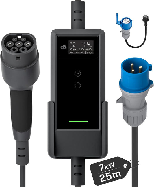 dé Oplaadkabel type 2 CEE-stekker mobiele wandbox 7,4 kW [1-fase | 25 m | 6-32 A] met instelbaar laadvermogen, EV oplader en mobiel laadstation voor ID.3, ID.4, ID.5, model Y/3, e-up, e-tron en andere