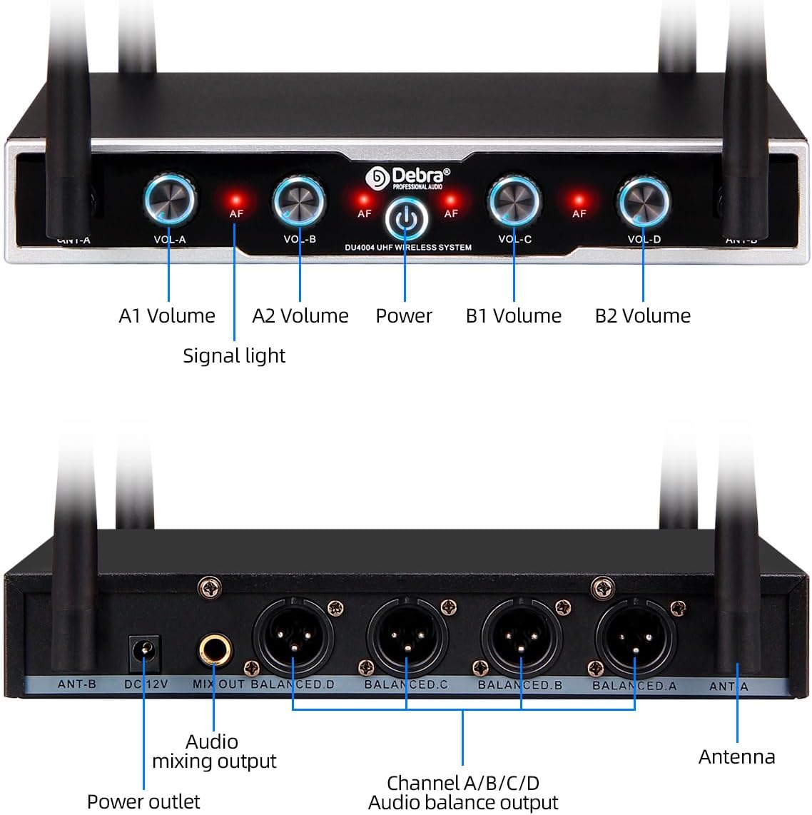 D Debra UHF draadloos microfoonsysteem, 4x16 instelbare kanalen, dynamische handheld microfoons, automatische frequentiesynchronisatie, 80m bereik voor zang en karaoke (4 microfoons)