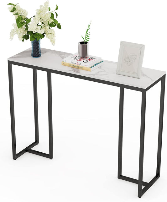 Slim console table corridor unit: white marble consoles desk long 100cm high gloss sintered stone keffect and black legs narrow tall modern sofa side tables dresser living room - QUORE