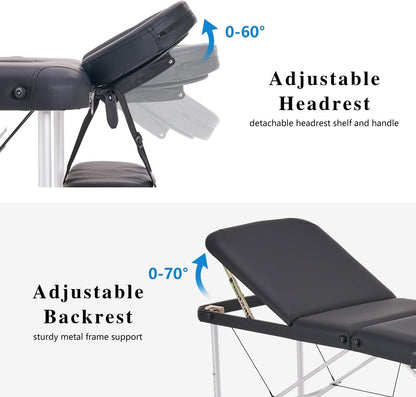 Massagetafel – Behandeltafel – Massagebed – Tattootafel – Esthetische Tafel – Zwart – Opvouwbaar En Draagbaar – Verstelbaar In 3 Delen Met Aluminiumlegering En 5 Cm Schuimvulling