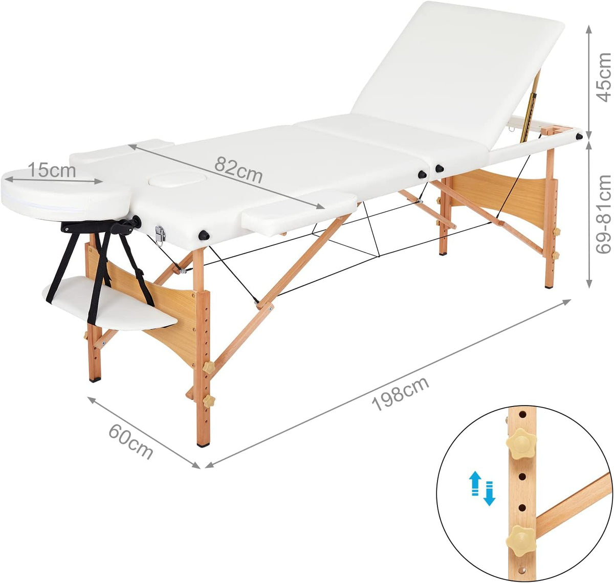 Opvouwbare Massagetafel – Behandelingstafel, Behandelbank, Massagebed, Therapietafel – 3-Delig, Wit – Verstelbare Hoogte 69-81 Cm – 7 Cm Fijncelschuim