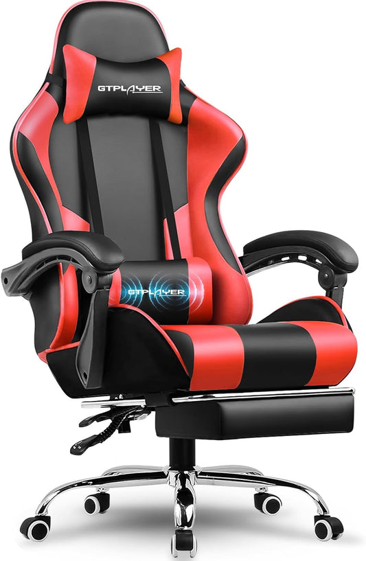 GTPLAYER Gamingstoel, bureaustoel, ergonomische pc-stoel, gamingstoel met massagesteun, task stoelen met voetensteun en hoofdsteun, rood kunstleer