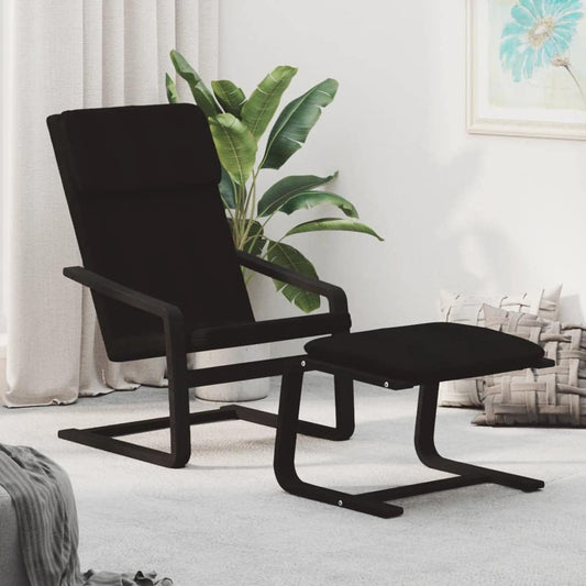 Relaxstoel – Poef – Tv-Stoel – Ligstoel – Enkele Stoel – Zwarte Ademend Stof – Massief Berkenhout Frame