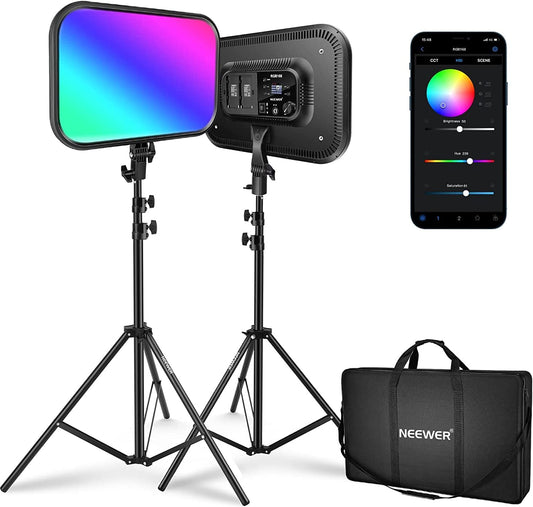 NEEWER RGB168 Videolamp, 18,3 inch, 60 W, RGB led-paneelset met statief, standaard, app-bediening, 360° volledige kleur, dimbaar, 2500K-8500K RGB videolicht/CRI 97+/17 scèneeffecten, studio-continu