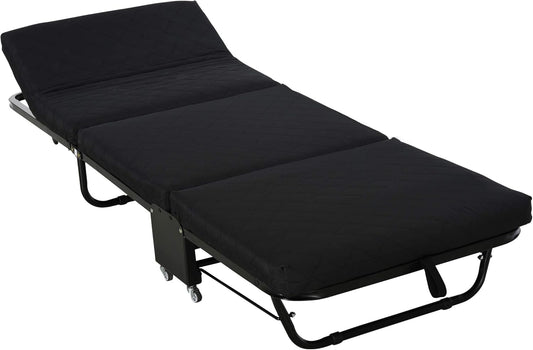 HOMCOM Folding Guest Bed, 2-in-1 Folding Bed with Wheels, Height Adjustable Headboard, Steel + Foam, Black, 184 x 65 x 26 cm - QUORE