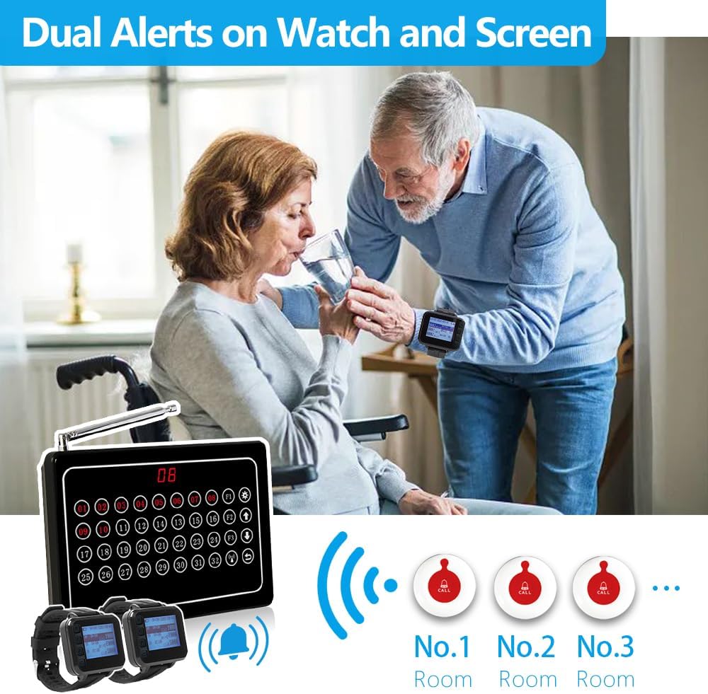 Caregiver Pager Wireless Caregiver Call Button-Wireless Calling System for Restaurant Hospital Clinic Nursing Home10 Portable Transmitters 1 Plugin Receivers 2 Watch Receiver - QUORE