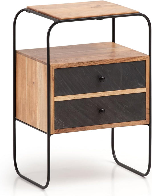 Industriële nachtkastje – bedkastje – tafel – nachtkastje met laden – slaapkamermeubel – Massief Acaciahout – Compact 40 x 60 x 30 cm