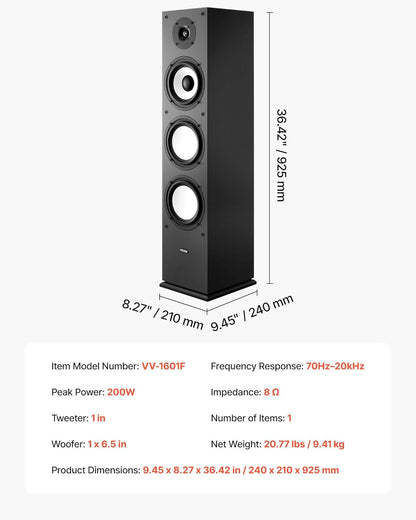 VEVOR Staande luidspreker, 2-weg systeem met 2,54 cm tweeter, 16,51 cm woofer, 200 W piekvermogen, 70 Hz - 20 kHz frequentierespons, robuuste MDF-behuizing, voor thuisaudio, afzonderlijk