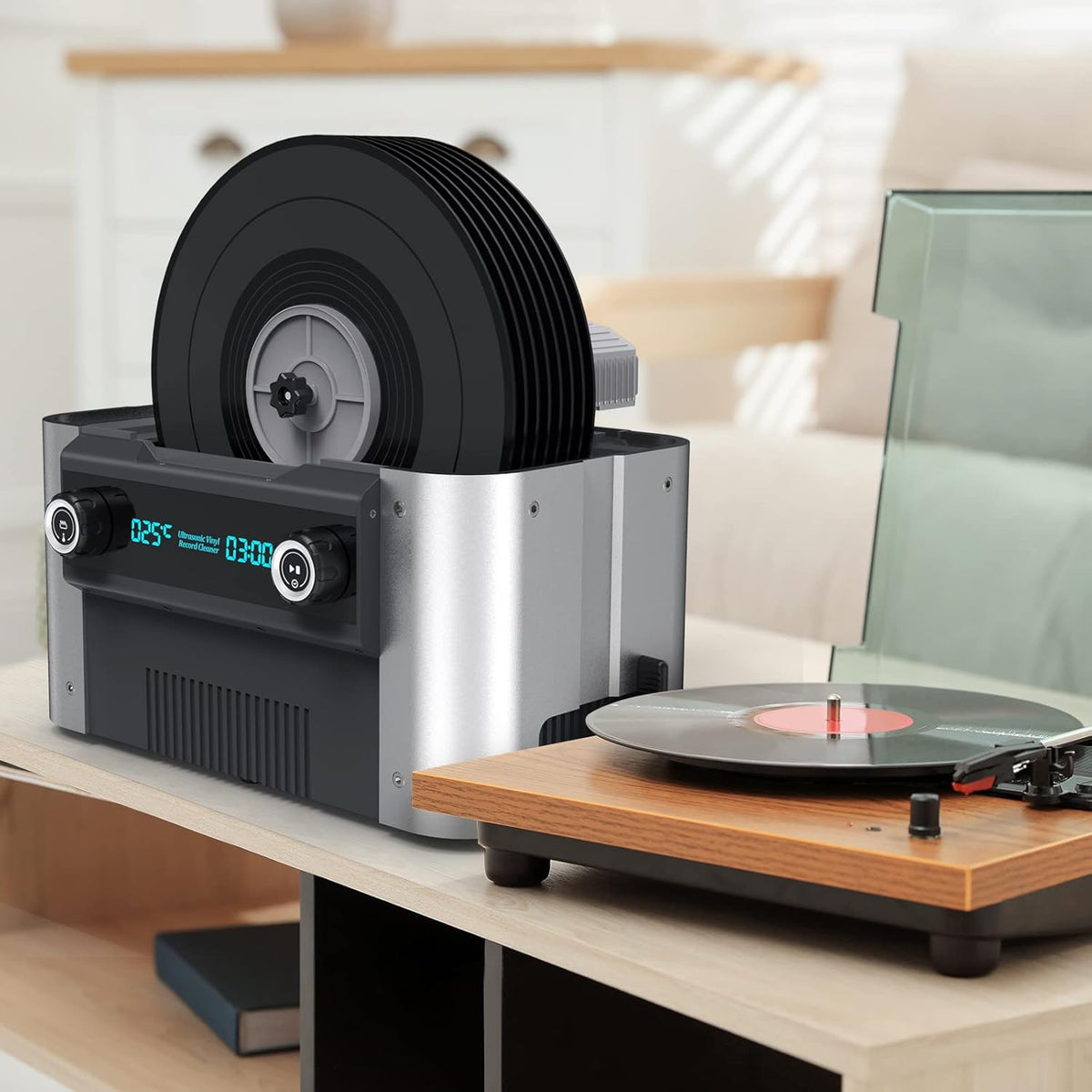 LifeBasis Ultrasone reiniger 6 l, 49 kHz Ultrasone Record Cleaner met timer en schijfhouder voor vinylschijf/sieraden/bril, 240 W