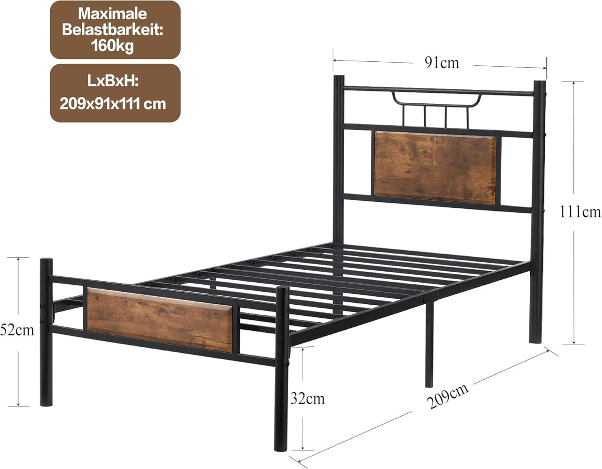 VECELO Bedframe 90 x 200 cm met houten hoofdeinde, houten metalen bed met lattenbodem, bedframe van metaal, eenpersoonsbed, jeugdbed, logeerbed, perfect voor slaapkamer, bruin