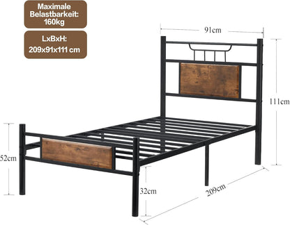 VECELO Bedframe 90 x 200 cm met houten hoofdeinde, houten metalen bed met lattenbodem, bedframe van metaal, eenpersoonsbed, jeugdbed, logeerbed, perfect voor slaapkamer, bruin