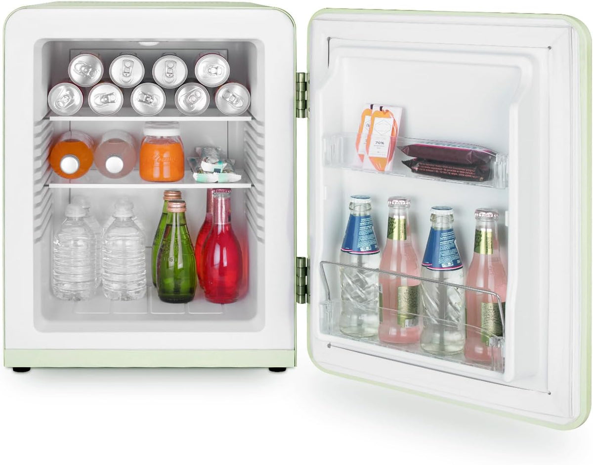 H.Koenig SWEISS Mini-koelkast, retrostijl, wit, vintage, 31 l, compact, voor levensmiddelen, dranken, cosmetica, temperatuur instelbaar 6°-15°C, 24dB, verstelbare poten, groen