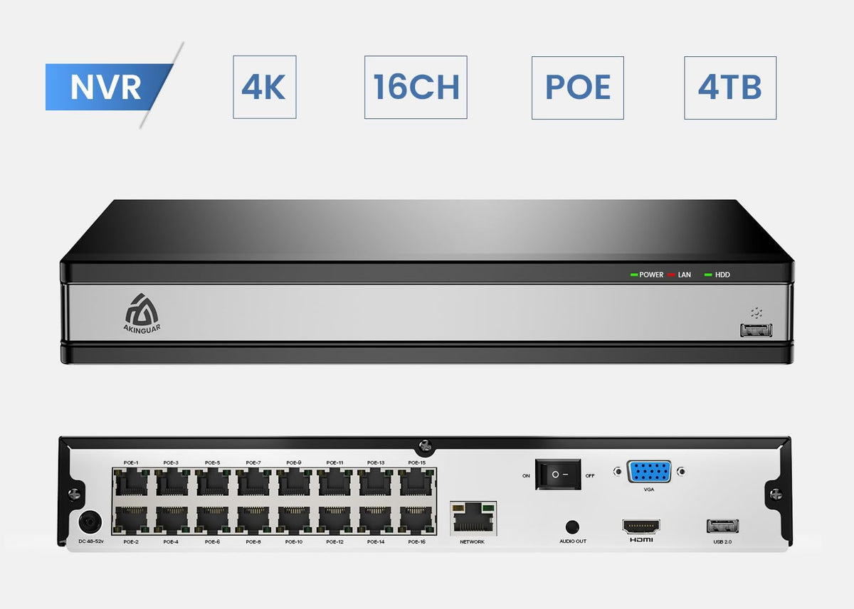 16-kanaals 4K PoE NVR CCTV-camerasysteem Network Video Recorder met 4TB-harde Schijf Ondersteunt 8MP 5MP 2MP IP-camera, Veiligheid 24/7 Opname, Werken met AKINGUAR PoE-camera's