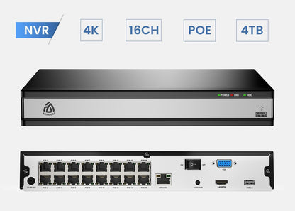 16-kanaals 4K PoE NVR CCTV-camerasysteem Network Video Recorder met 4TB-harde Schijf Ondersteunt 8MP 5MP 2MP IP-camera, Veiligheid 24/7 Opname, Werken met AKINGUAR PoE-camera's