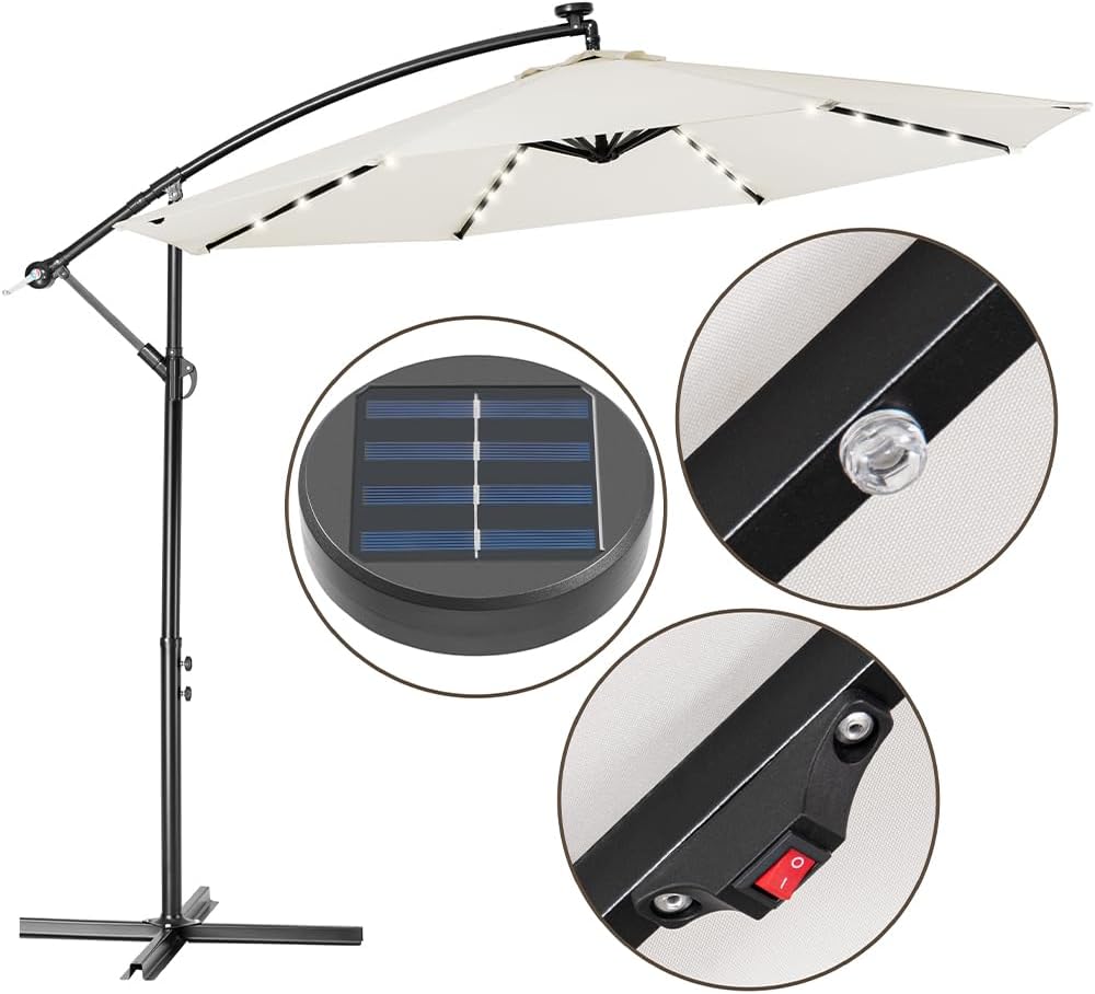 BAKAJI Parasol voor tuin en terras met 32 leds en zonnepaneel, afmetingen 3 x 3 m, inklapbaar, zijmast, gedecentraliseerd staal, kruisvoet van UV-bestendige stof