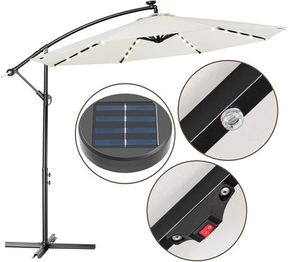 BAKAJI Parasol voor tuin en terras met 32 leds en zonnepaneel, afmetingen 3 x 3 m, inklapbaar, zijmast, gedecentraliseerd staal, kruisvoet van UV-bestendige stof