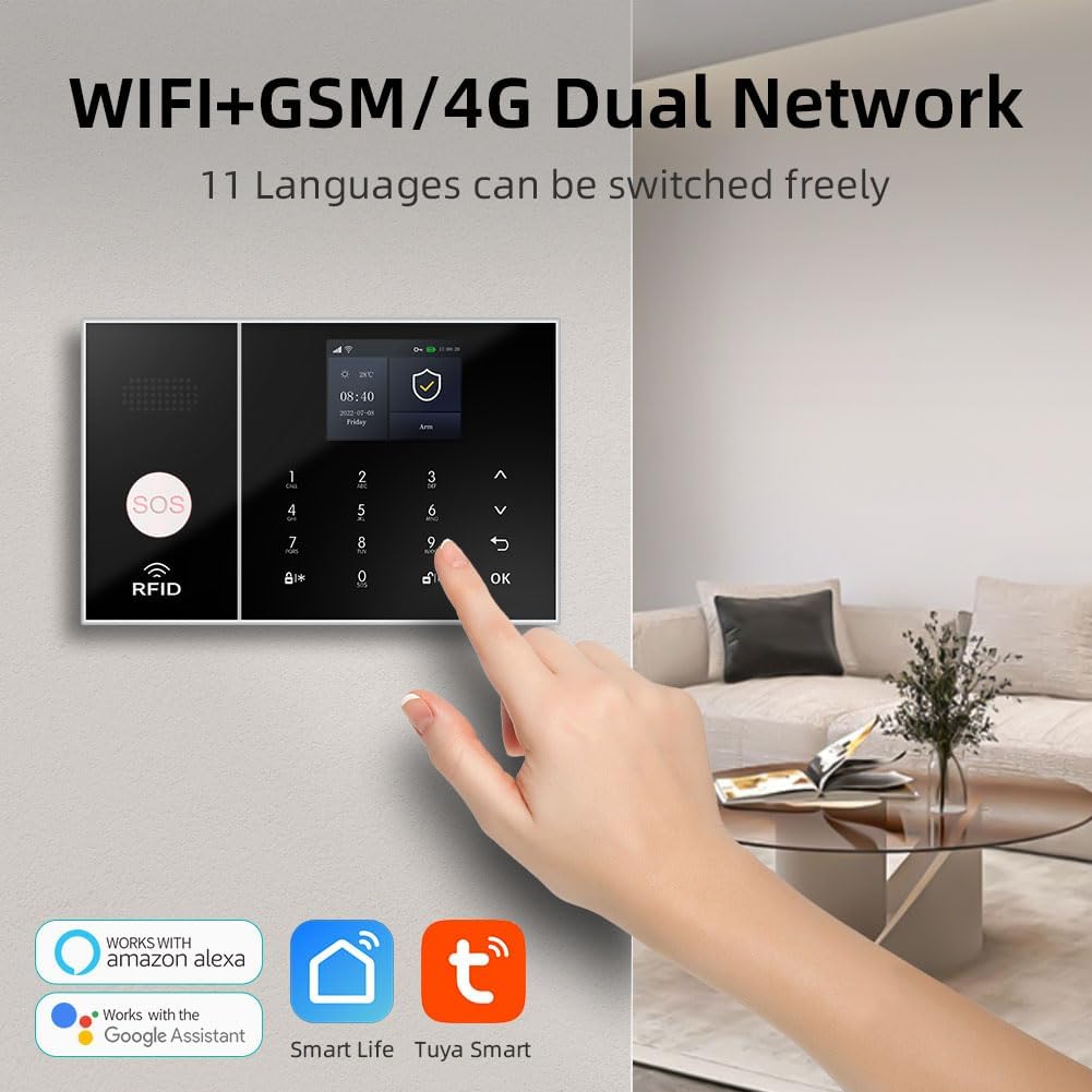 XNY WiFi Huisalarmsysteem, Draadloos 4G Inbraakalarmsysteem voor Huisbeveiliging met APP-waarschuwing, 24-delig Pakket (Bewegingsdetector, Deurvenstersensor, Afstandsbediening, Sirene), Werkt met