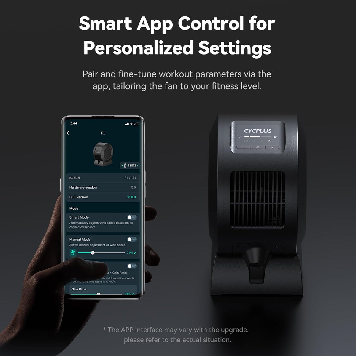 CYCPLUS Slimme indoor fietsventilator, BLDC motoraandrijving, 5 snelheidsmodi met afstandsbediening en app-bediening, geluidsarme Bluetooth/ANT+-ventilator voor indoor fietstrainers, stationaire