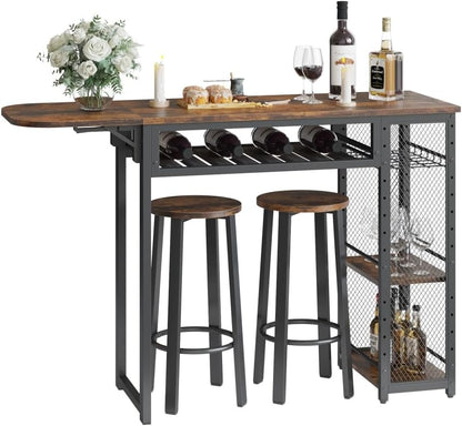 Bartafelset, bartafel met 2 barkrukken, eettafel, statafel met wijnglashouder en plank, keukentafel in industriële stijl, statafel voor bar, bistro en woonkamer (bruin)