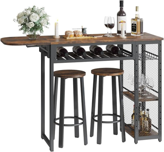 Bartafelset, bartafel met 2 barkrukken, eettafel, statafel met wijnglashouder en plank, keukentafel in industriële stijl, statafel voor bar, bistro en woonkamer (bruin)