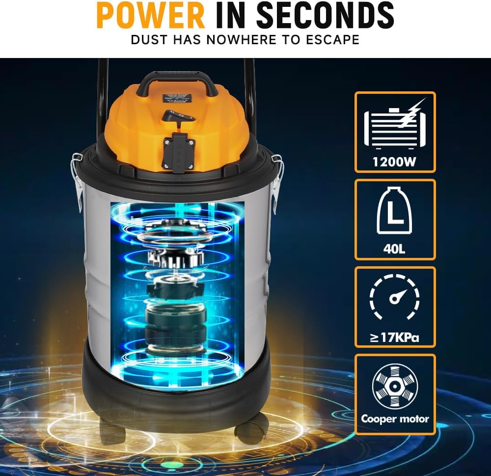 Hoteche 1200 W nat-droogzuiger, 40 l metalen reservoir, 1,4 m³/min luchtstroom, 15 kPa zuigkracht, met blaasfunctie, ideaal voor werkplaats, familie en bouwplaats